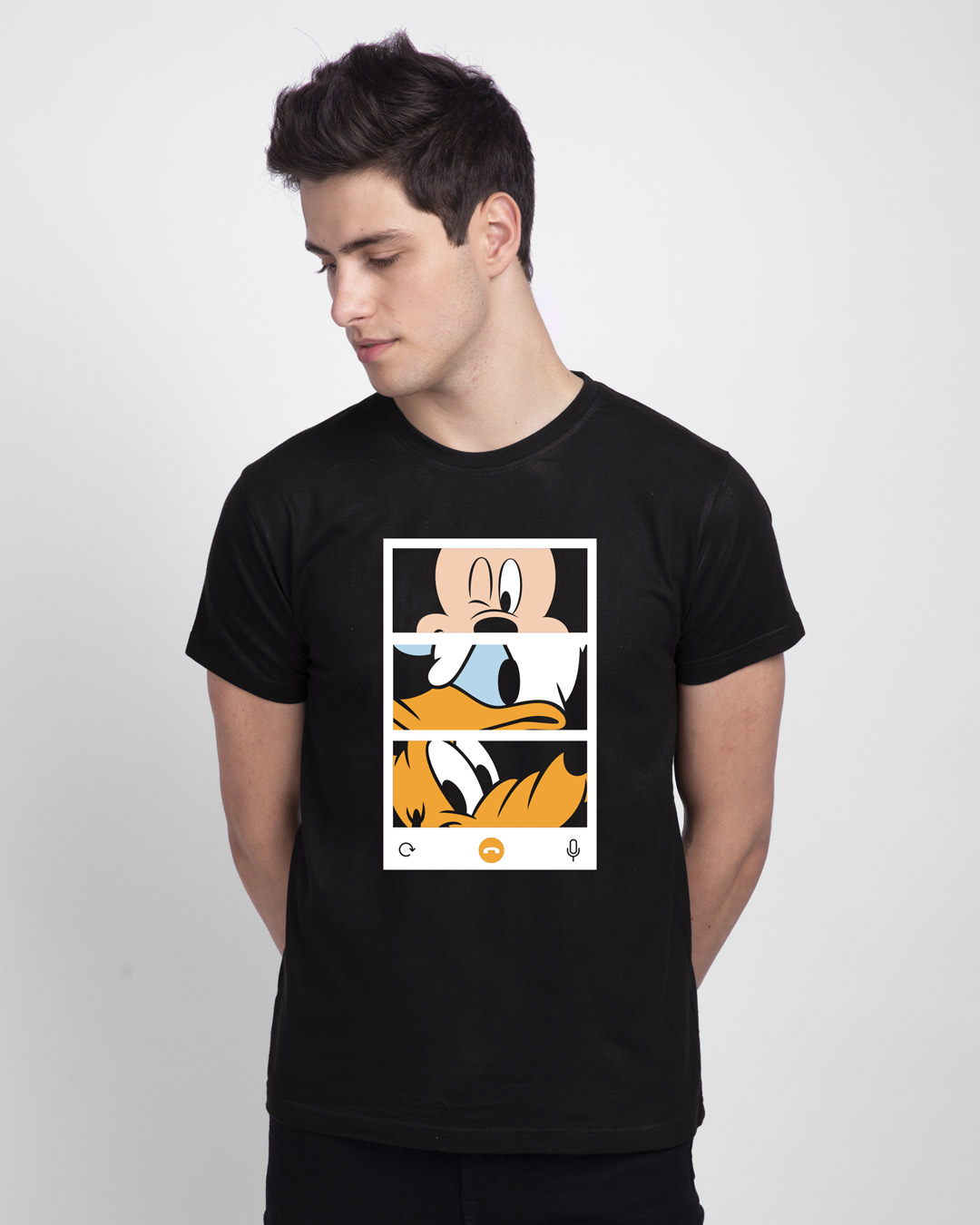 

Mickey Trio Call Half Sleeve T-Shirt (DL) Men' Printed T-Shirts Bewakoof.com, Black