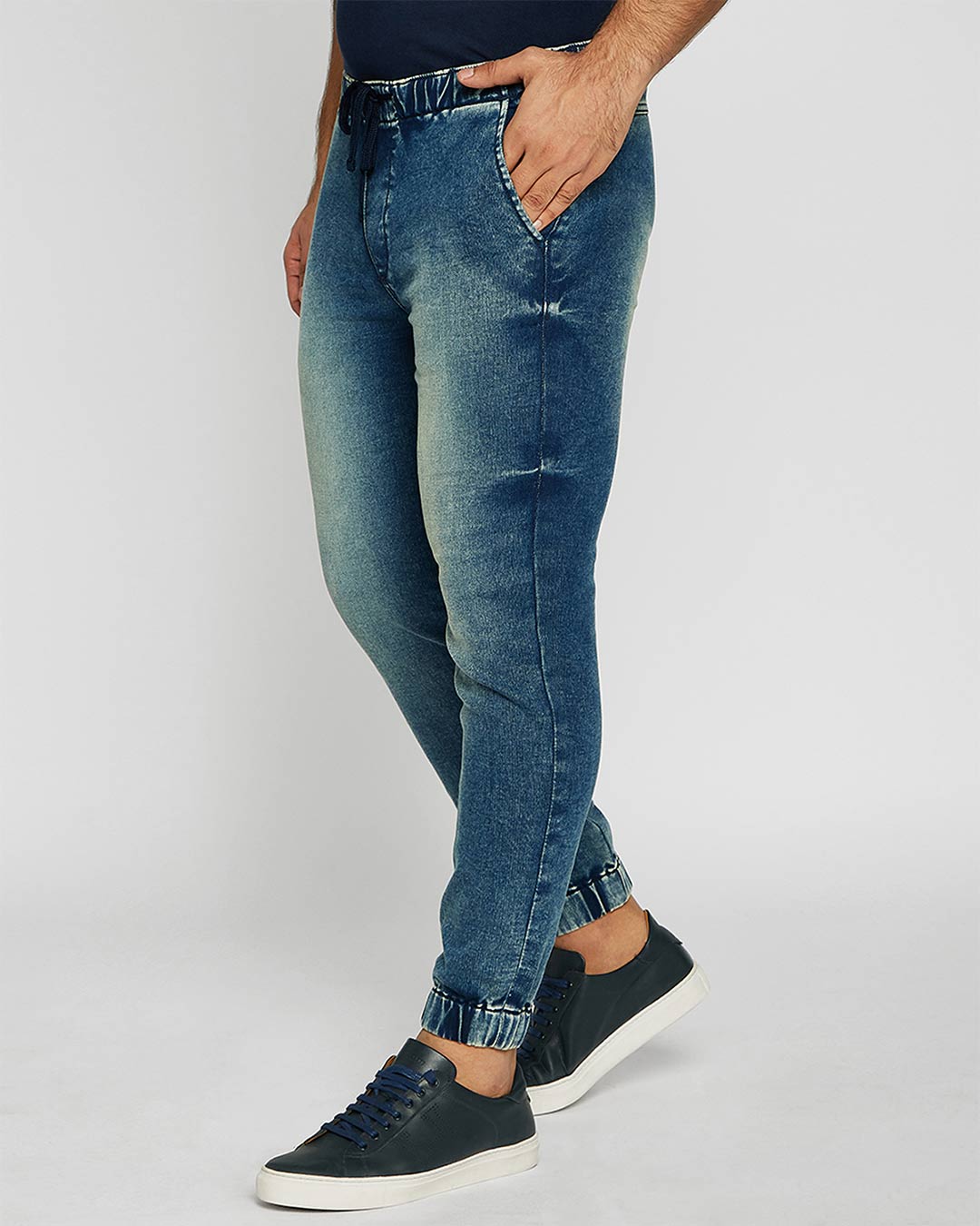 Shop Midnight Blue Knitted Denim Joggers-Back