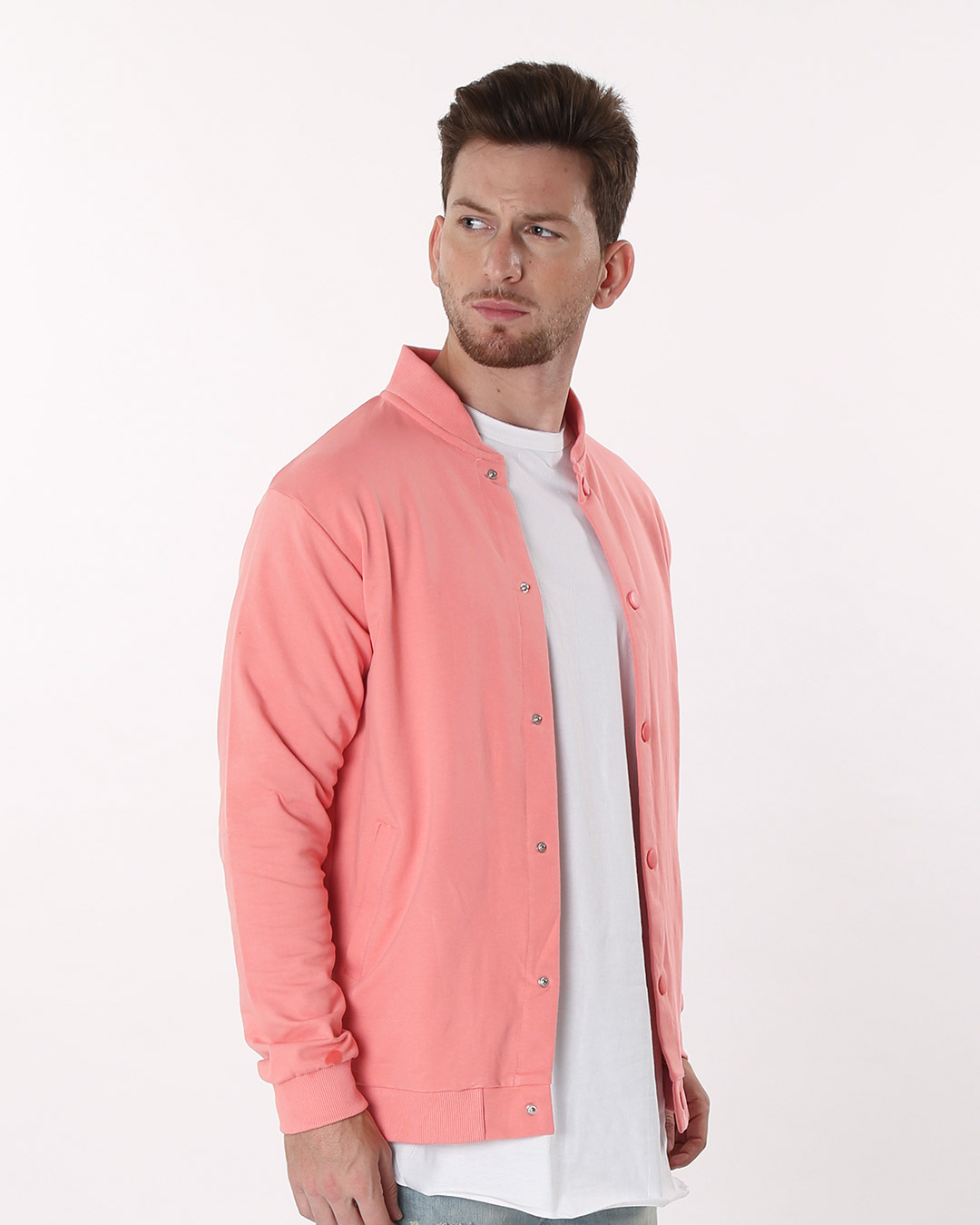 Shop Millennial Pink Buttoned Bomber Jacket-Back