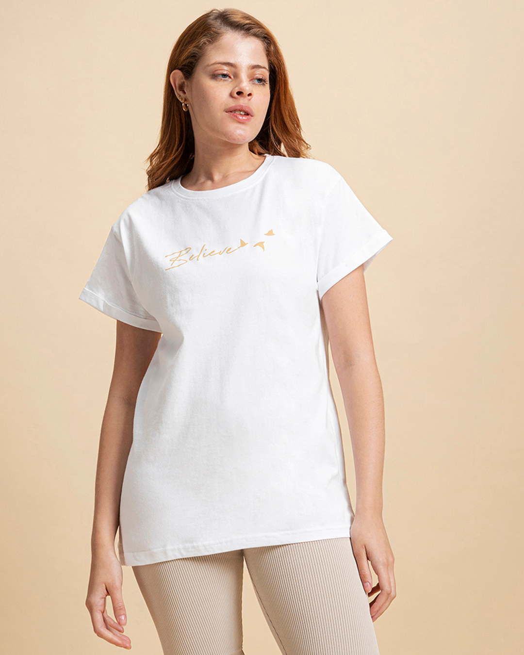 Shop Women's White Minimal Believe Typography Boyfriend T-shirt-Back
