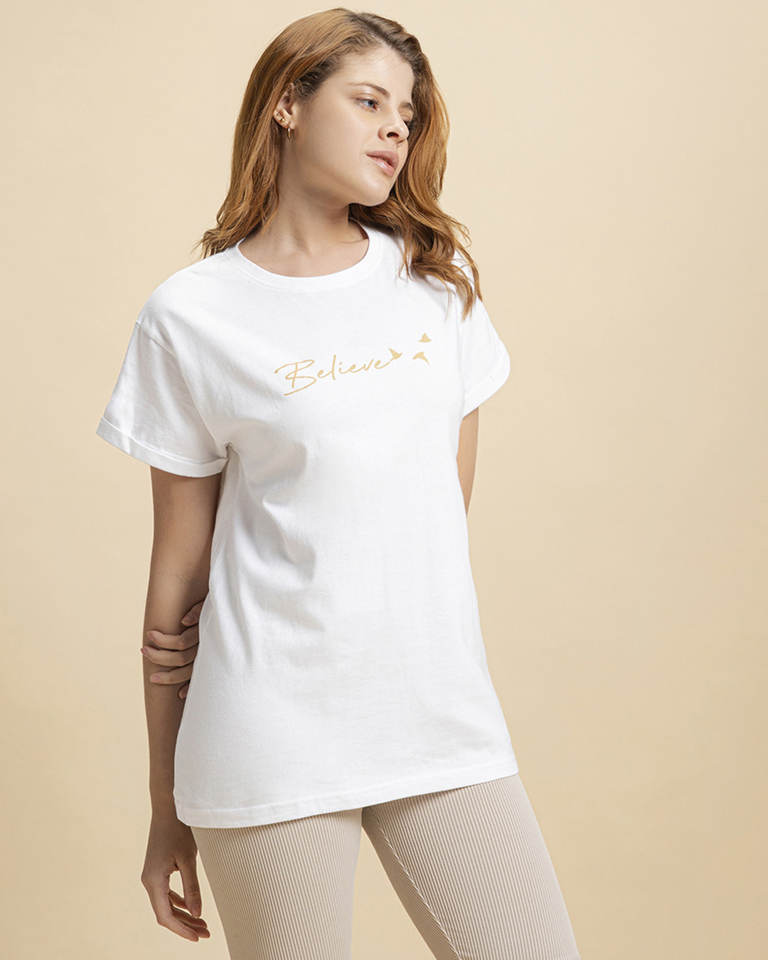 Shop Women's White Minimal Believe Typography Boyfriend T-shirt-Back