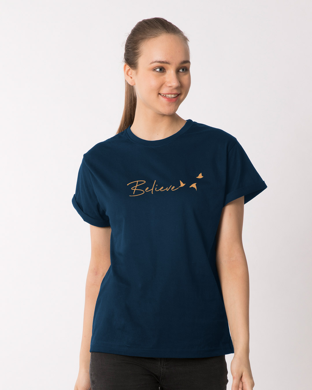 Buy Minimal believe Blue Printed Half Sleeve Boyfriend TShirt For