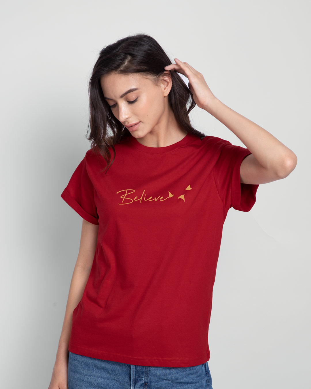 

Minimal Believe Boyfriend T-Shirt Women' Printed Boyfriend T-Shirts Bewakoof.com, Red