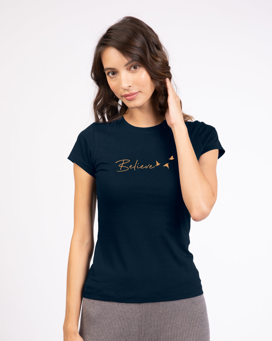 

Minimal Believe Half Sleeve T-Shirts Navy Blue Women' Half Sleeve Printed T-shirt Bewakoof.com