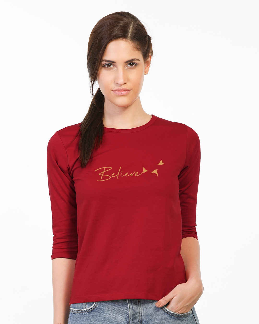 

Minimal Believe Round Neck 3/4th Sleeve T-Shirt Women' Printed Round Neck 3/4 Sleeve T-Shirts Bewakoof.com, Red