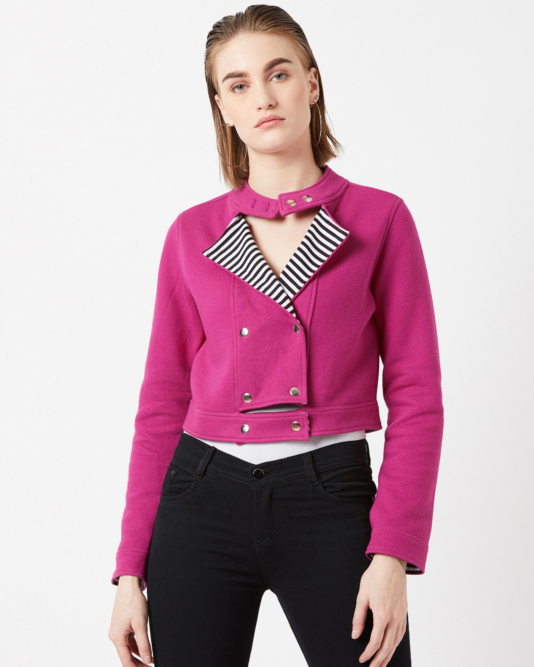 Buy Women's Pink Relaxed Fit Bold Statement Snapped Jacket for Women ...