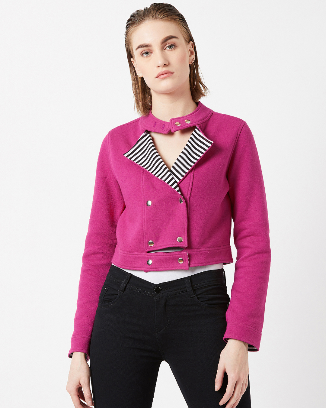 Buy Women's Pink Relaxed Fit Bold Statement Snapped Jacket for Women