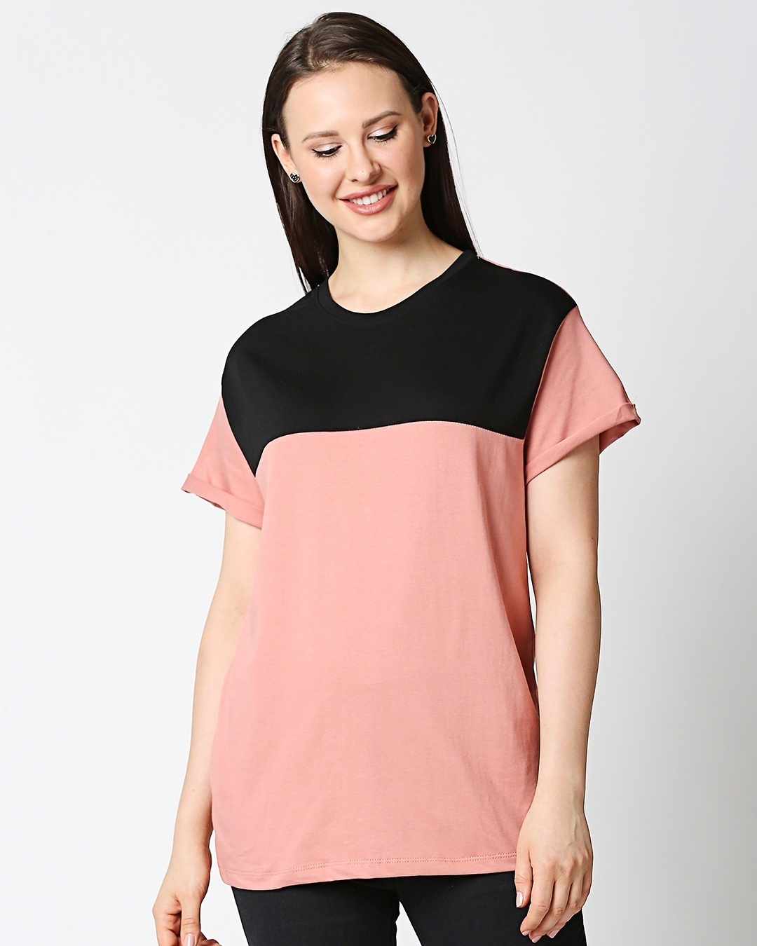Shop Misty Pink-Black Color Block Boyfriend T-Shirt-Back