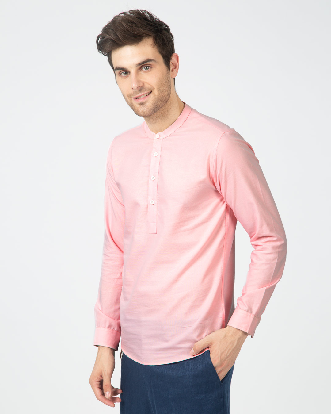 Shop Misty Pink Mandarin Collar Henley Full Sleeve Shirt-Back