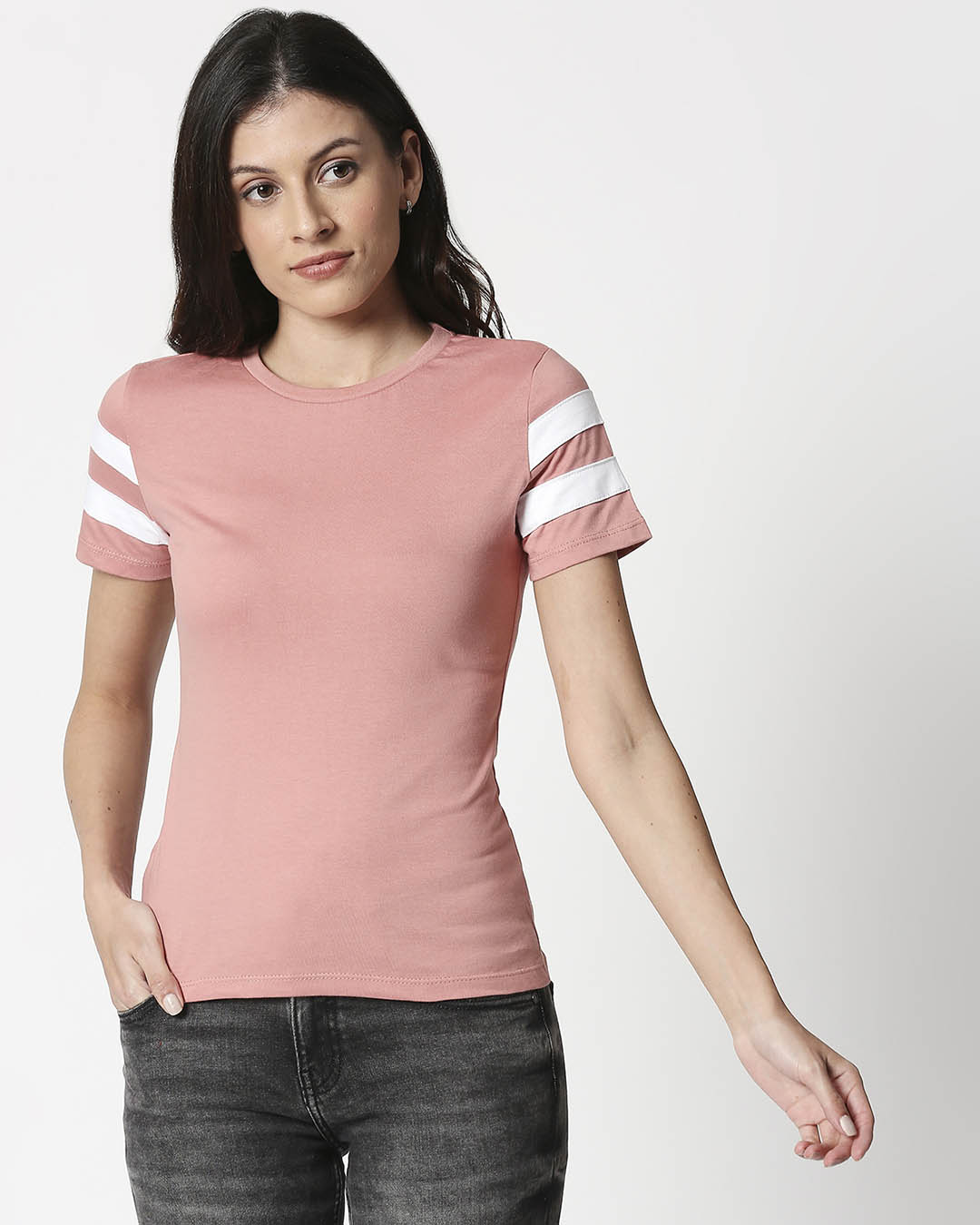 Shop Misty Pink - White Double Tape T-Shirt-Back