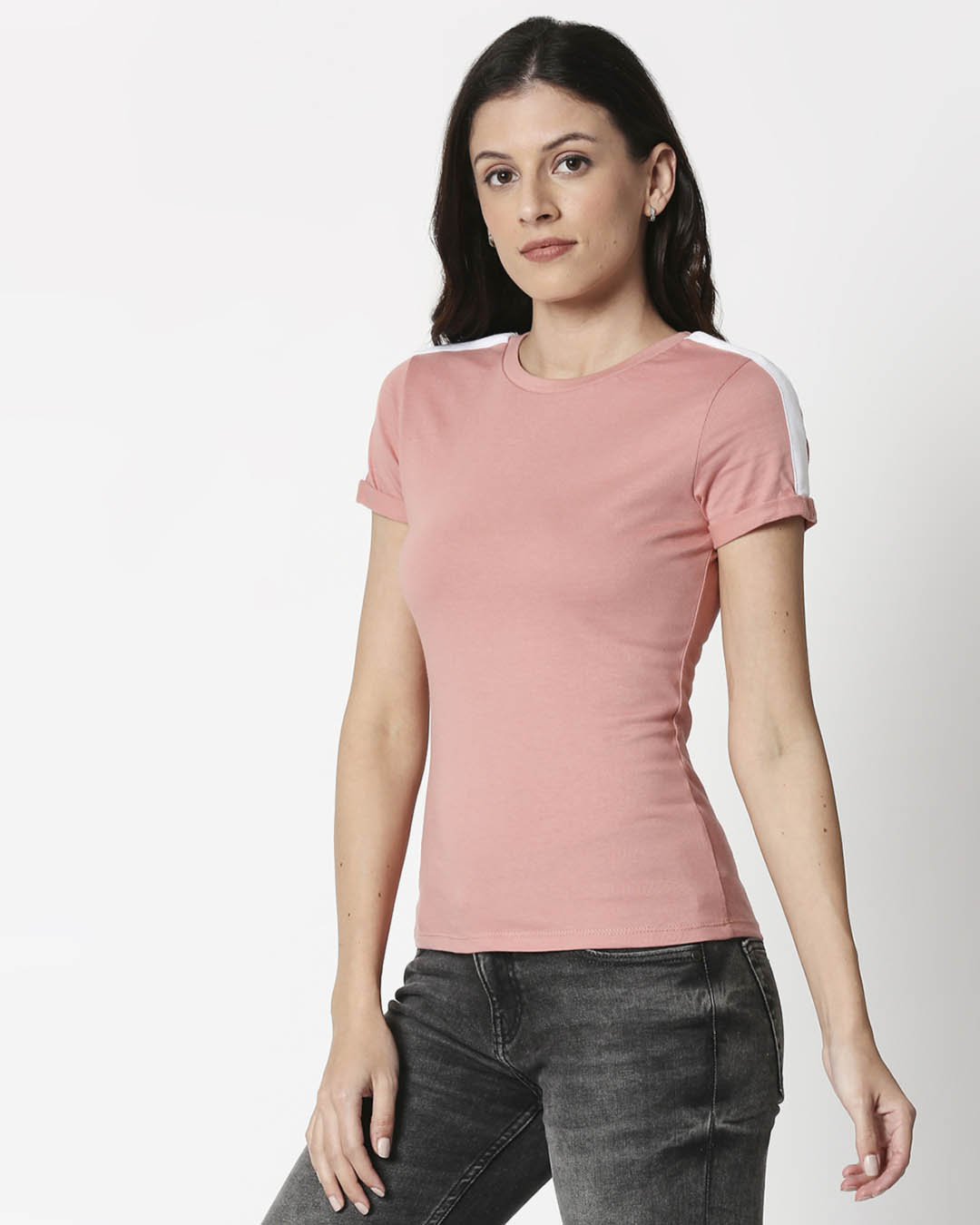 Shop Misty Pink -White Shoulder Sleeve T-Shirt-Back