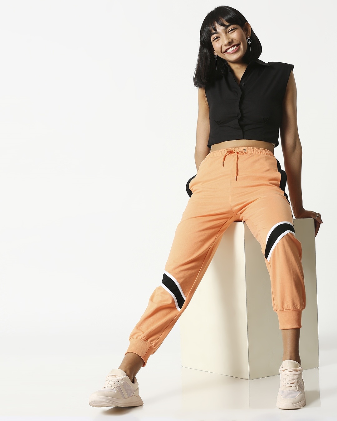 

Orange Rush Side Panel Joggers Women' High Waist Color Block Joggers Bewakoof.com, Orange-white-black