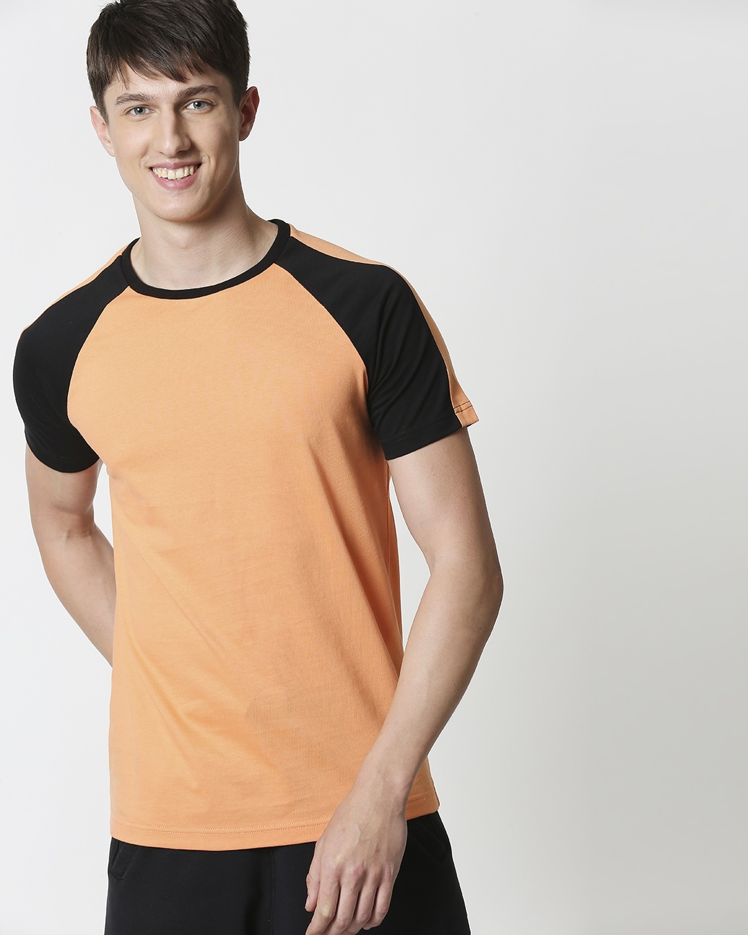 

Orange Rush Shoulder Sleeve Raglan T-Shirt Men' Plain Half Sleeve Raglan T-Shirt Bewakoof.com, Orange-black