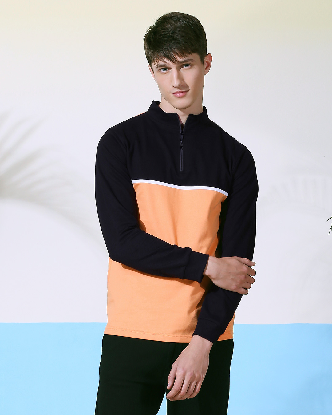 

Orange Rush Turtle Neck Zipper Fleece Sweater Men' Plain Half Zip Full Sleeves Turtle Neck Sweter Bewakoof.com, Orange-black-white