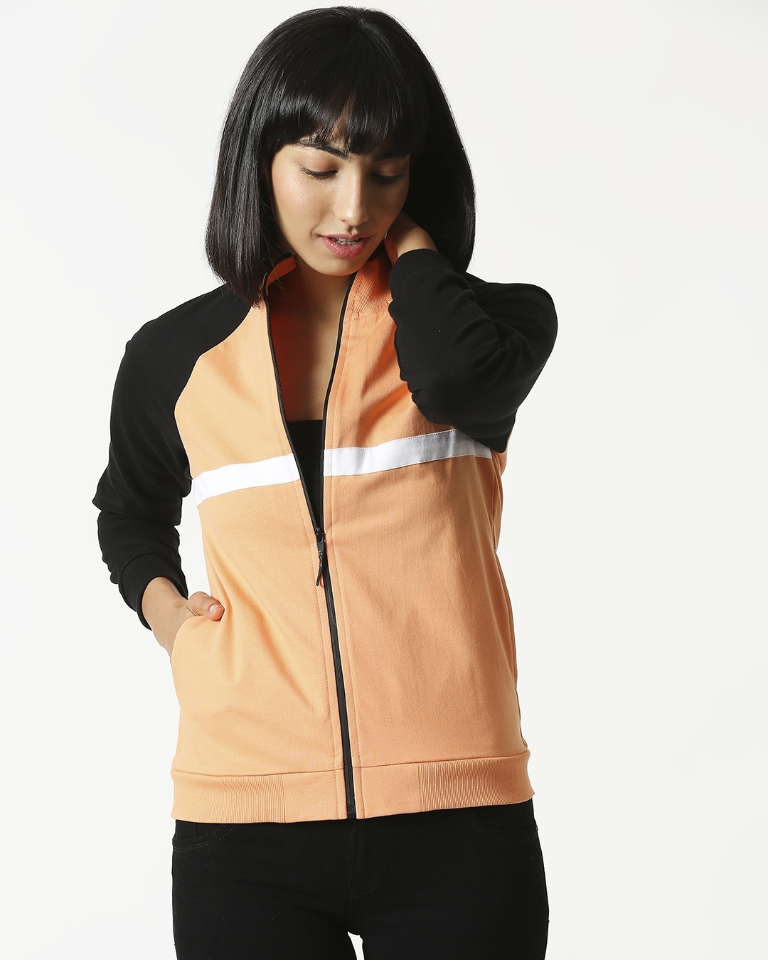 

Orange Rush Contrast Sleeves Panel Zipper Hoodie Women' Plain Turtle Neck Full Sleeves Color Block Jackets Bewakoof.com, Orange-black-white