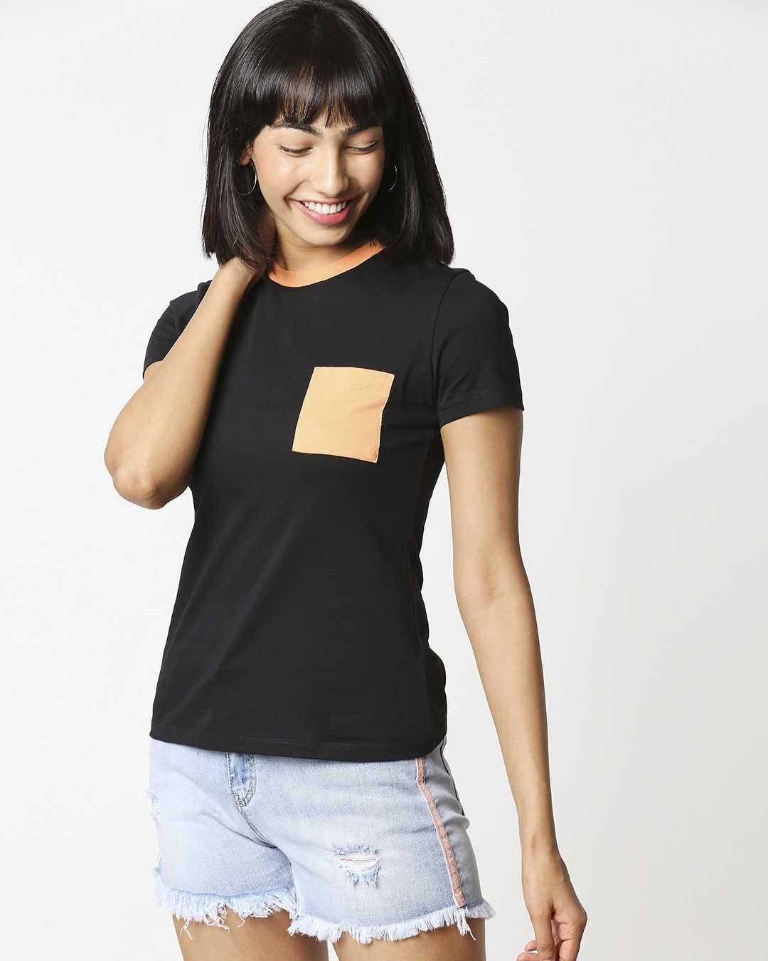 

Orange Rush Pocket Half Sleeves T-Shirt Women Plain Half Sleeves Pocket T-shirt Bewakoof.com, Black-orange