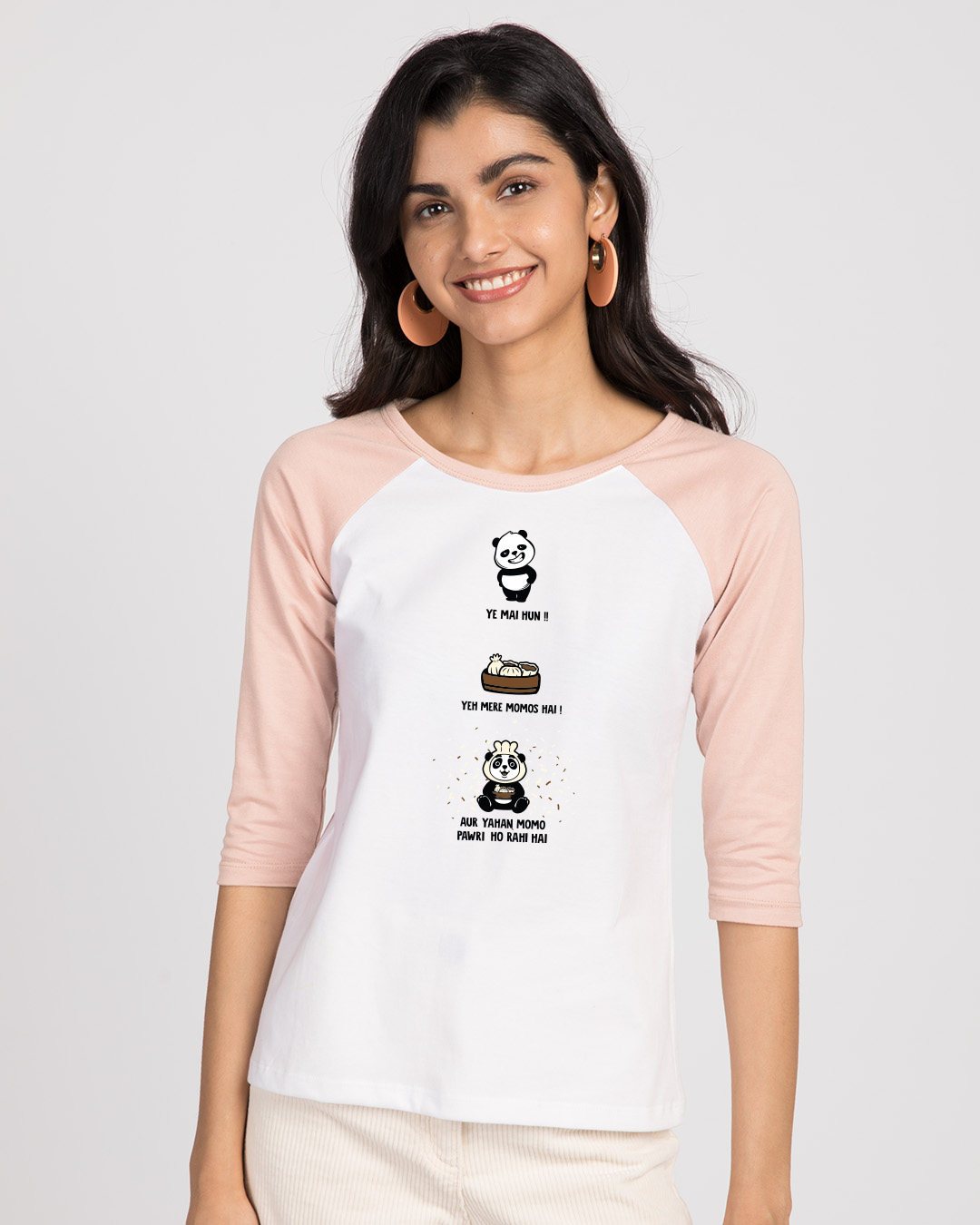 Shop Momo Pawri 3/4th Sleeve Raglan T-Shirt White-Baby Pink-Back