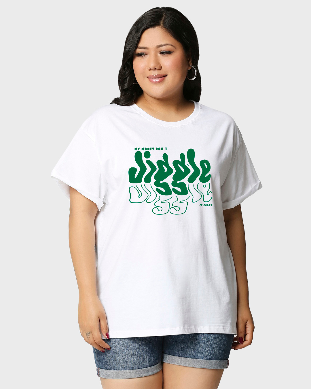 Shop Women's White Money Don't Jiggle Graphic Printed Plus Size Boyfriend T-shirt-Back
