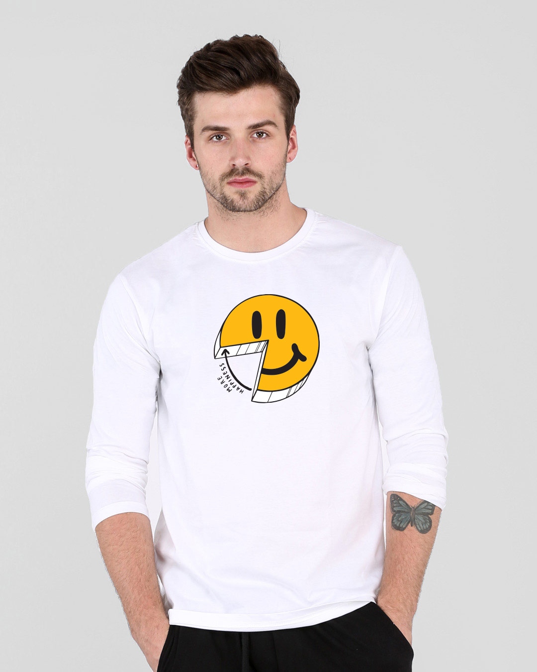 

More Happiness Full Sleeve T-Shirts Men' Printed Full Sleeve T-Shirt Bewakoof.com, White