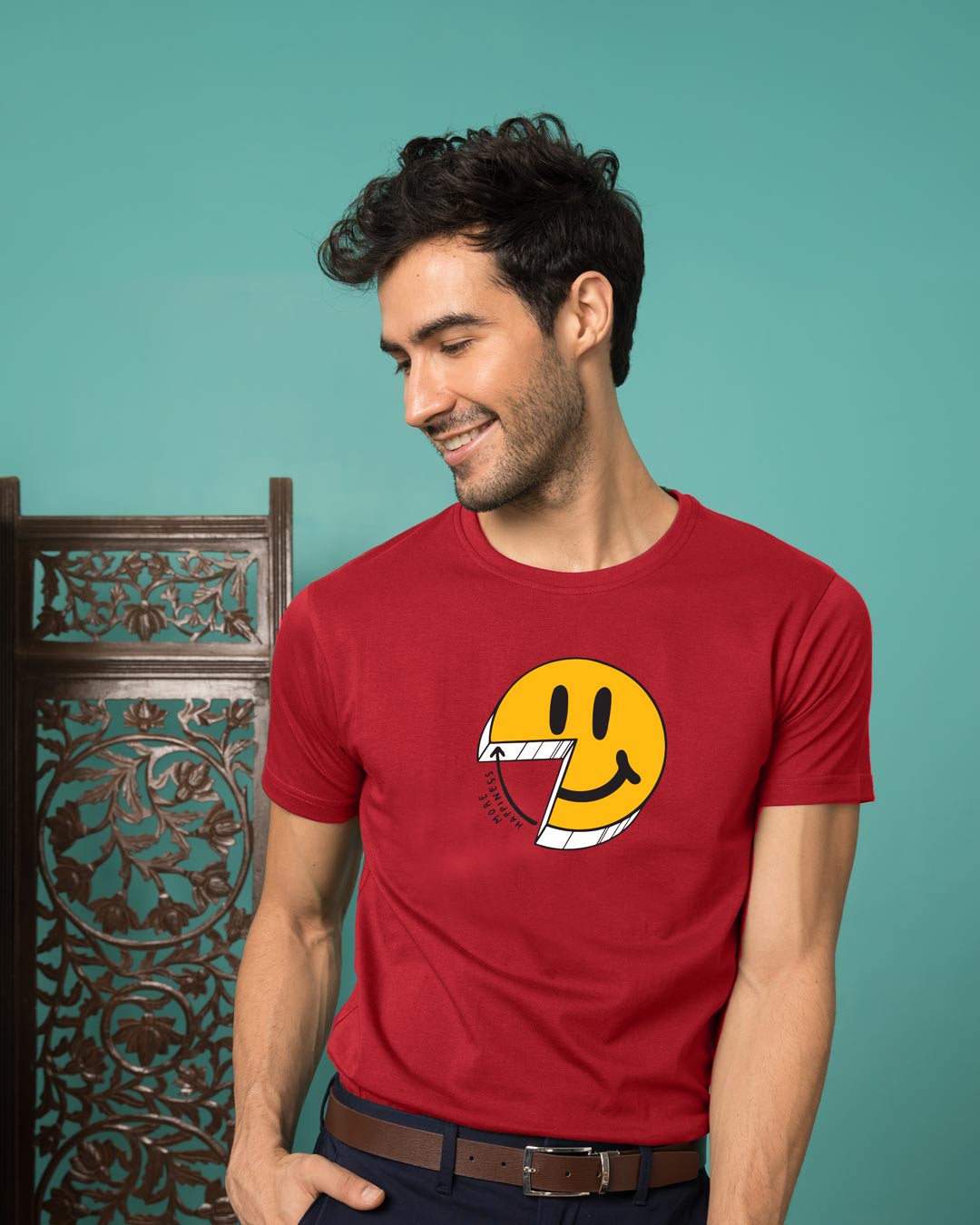 

More Happiness Half Sleeve T-Shirt Men' Printed T-Shirts Bewakoof.com, Red