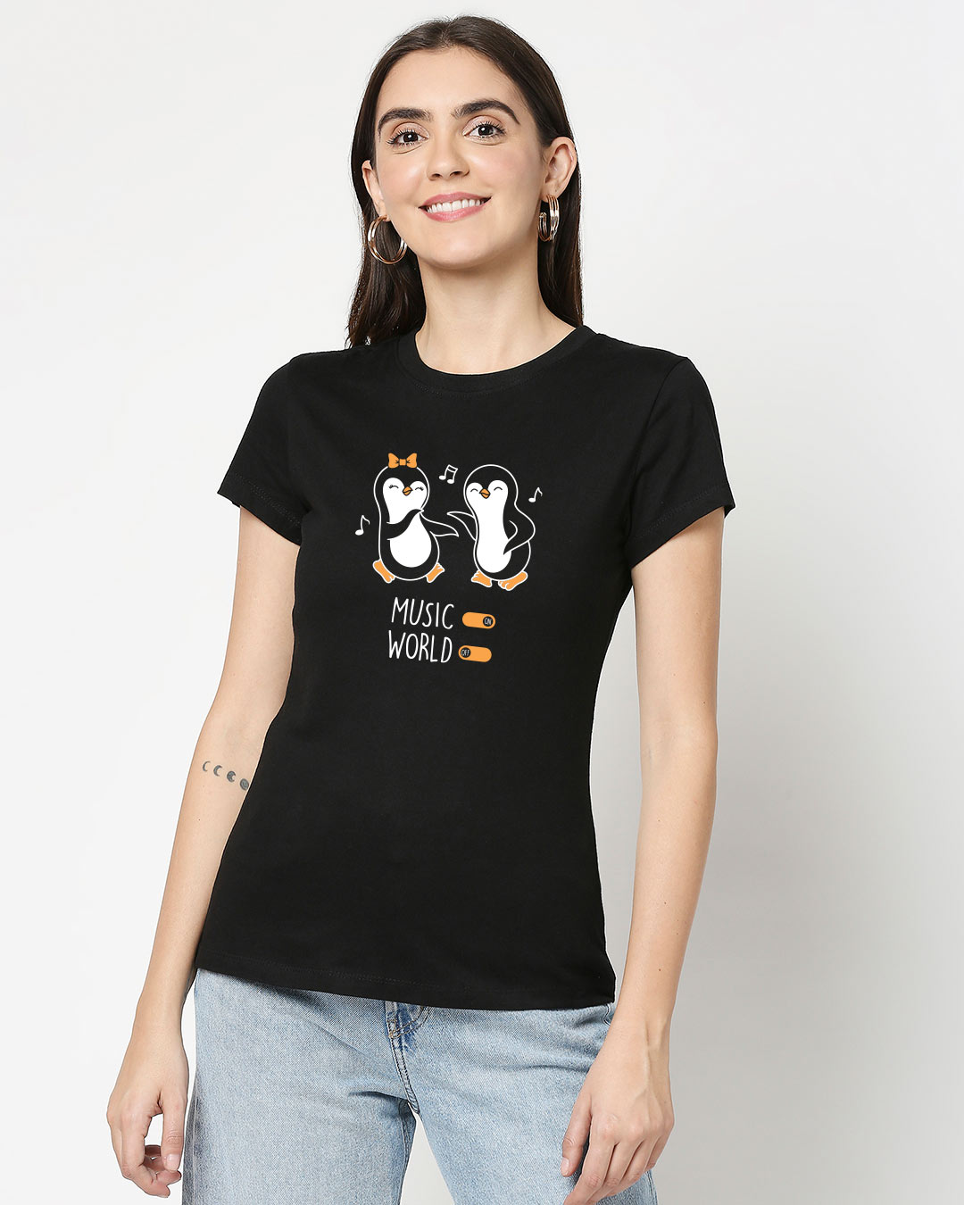 Shop Women's Black Musical Penguins Graphic Printed Slim Fit T-shirt-Back
