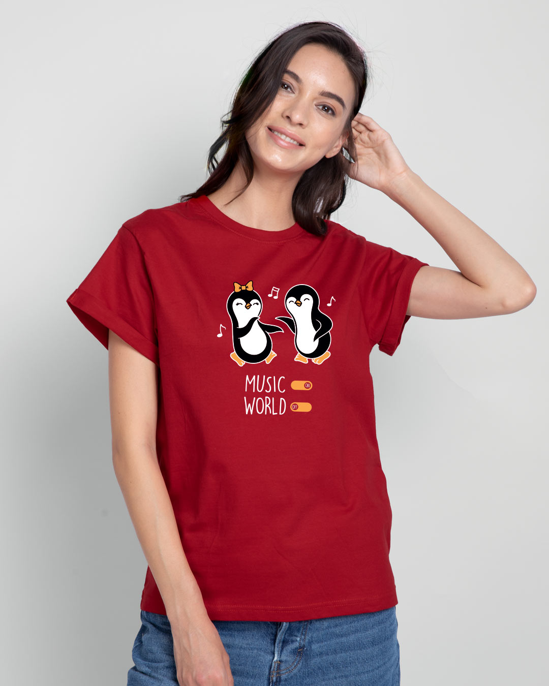 Shop Musical Penguins Boyfriend T-Shirt Bold Red-Back