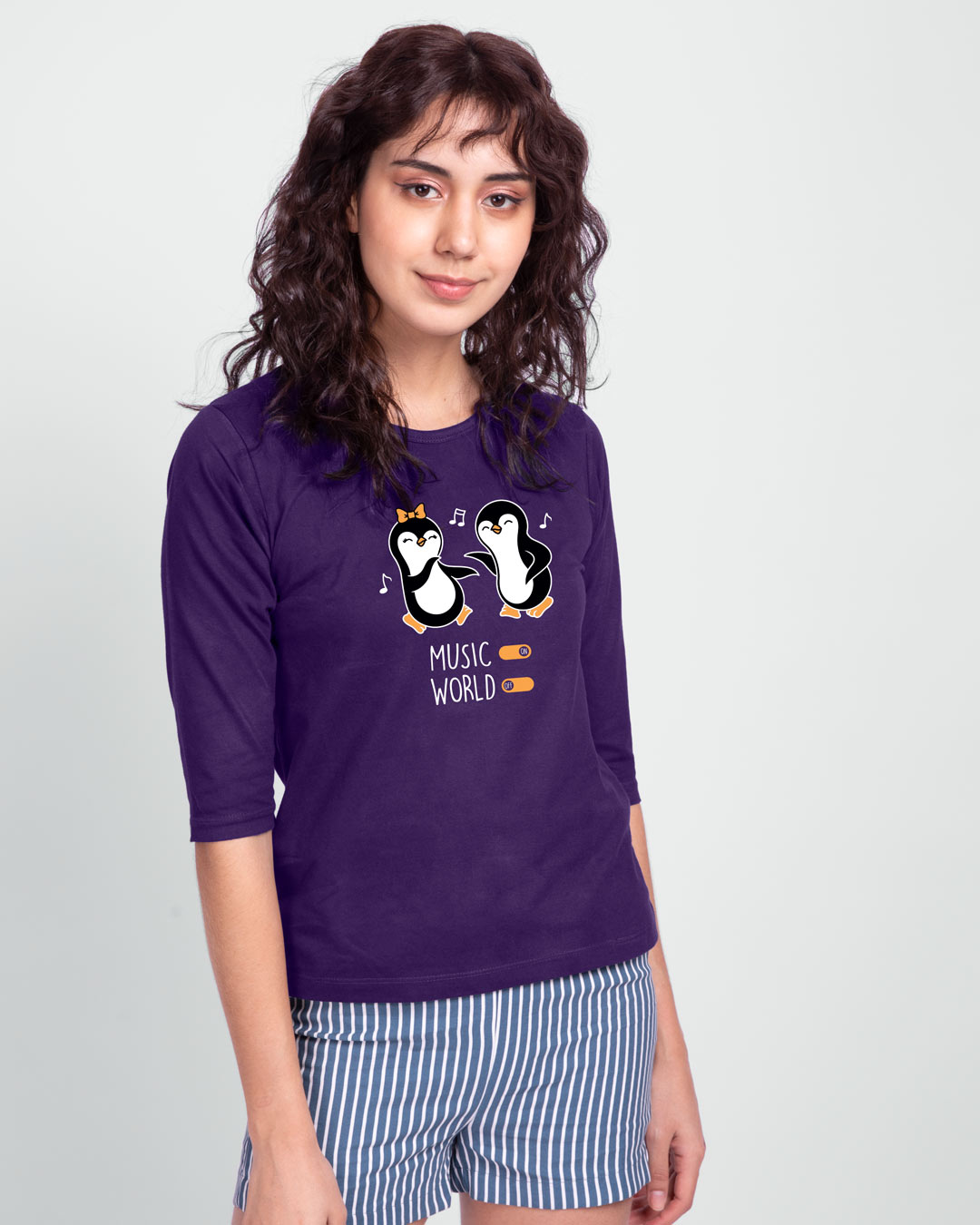 Shop Musical Penguins Round Neck 3/4 Sleeve T-Shirt Parachute Purple-Back