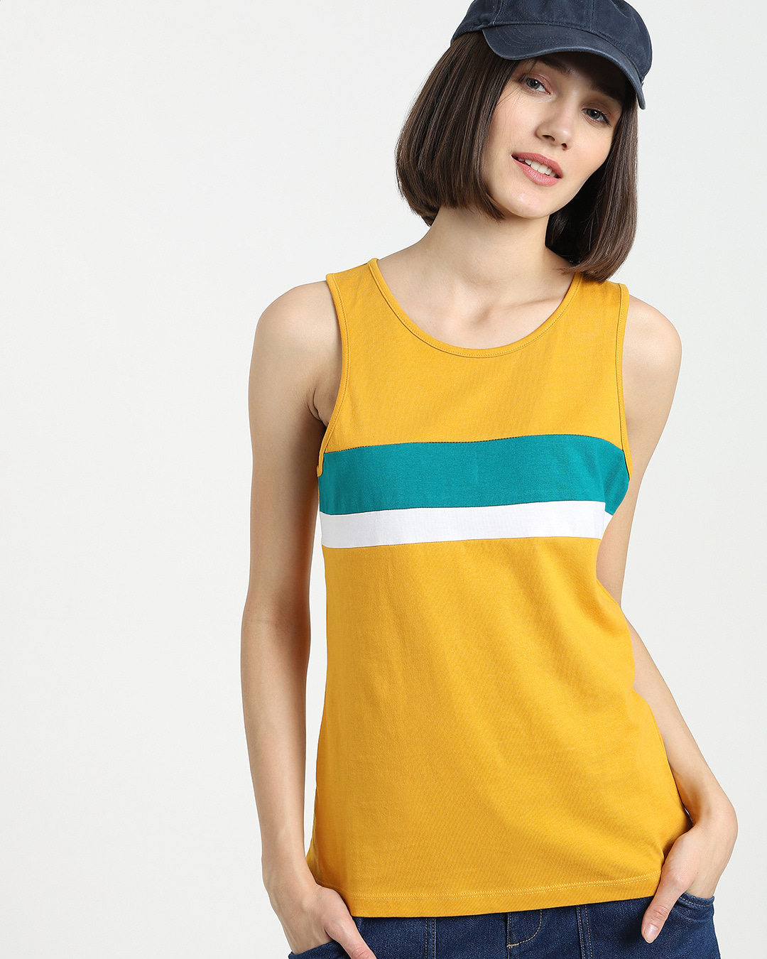 Buy Womens Mustard Color Block Slim Fit Tank Top For Women Yellow