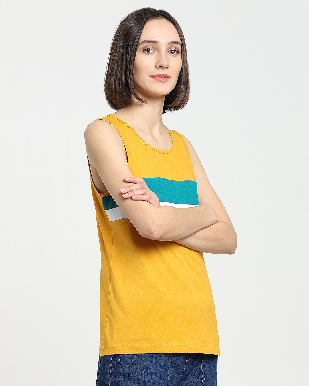 Shop Women's Mustard Color Block Slim Fit Tank Top-Back
