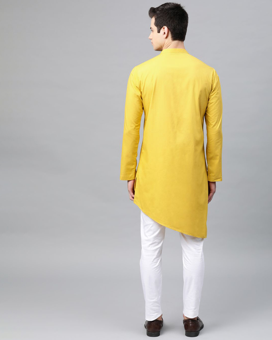 Shop Mustard Solid Straight Kurta With Yoke Thread Work With Kurta Pyjama-Back