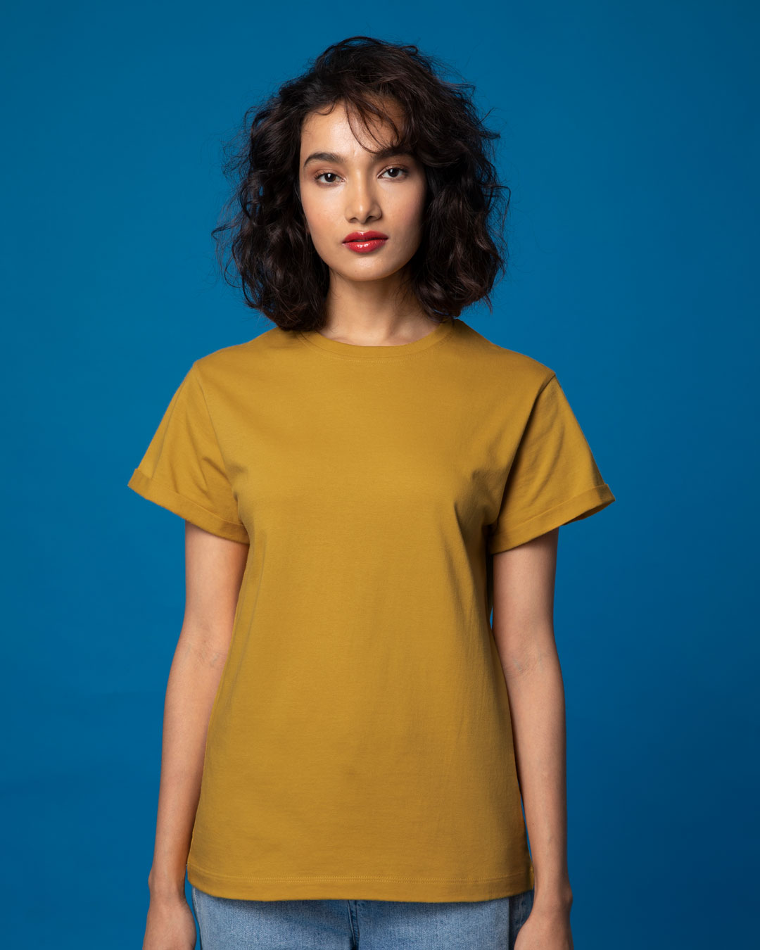 Buy Mustard Yellow Plain Half Sleeve Boyfriend T-Shirt For