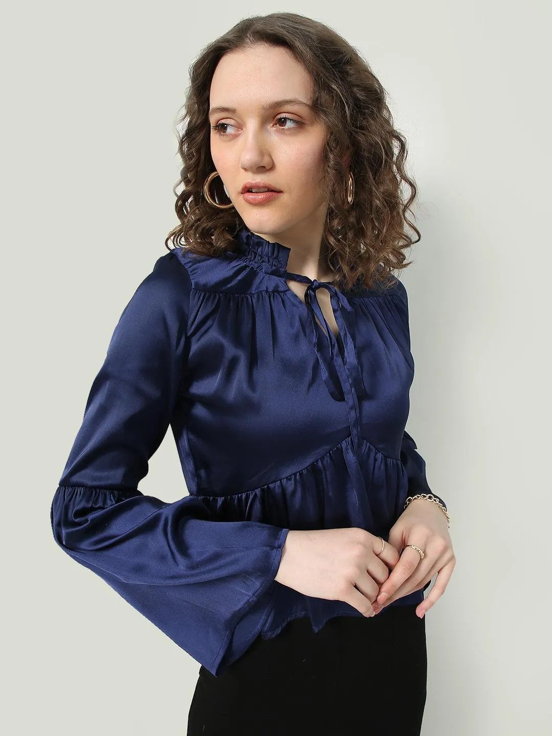 Shop Bell Sleeve Solid Satin Top-Back