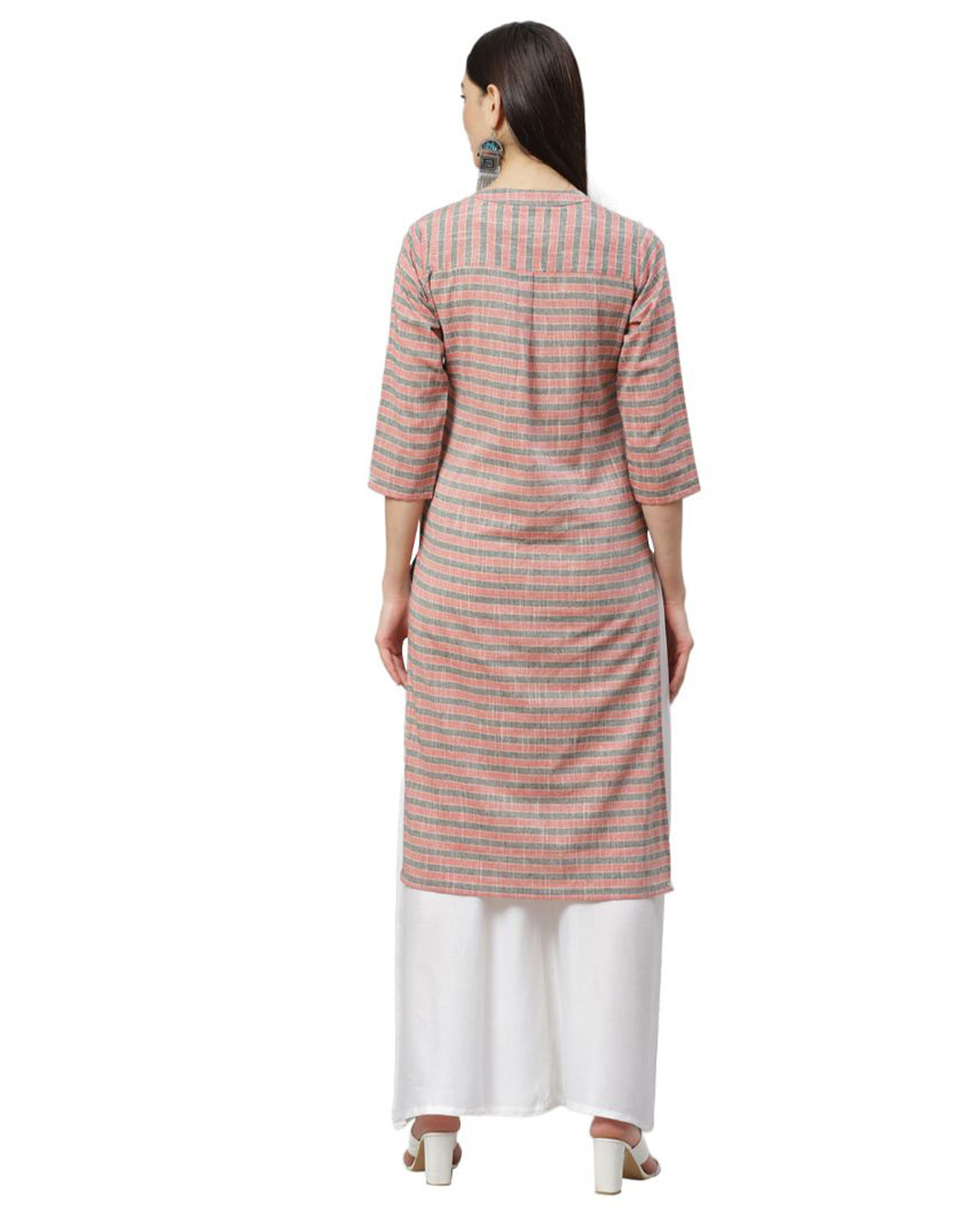 Shop Women's Multicolor Cotton Check 3/4 Sleeve Mandrin Neck Casual Kurta-Back