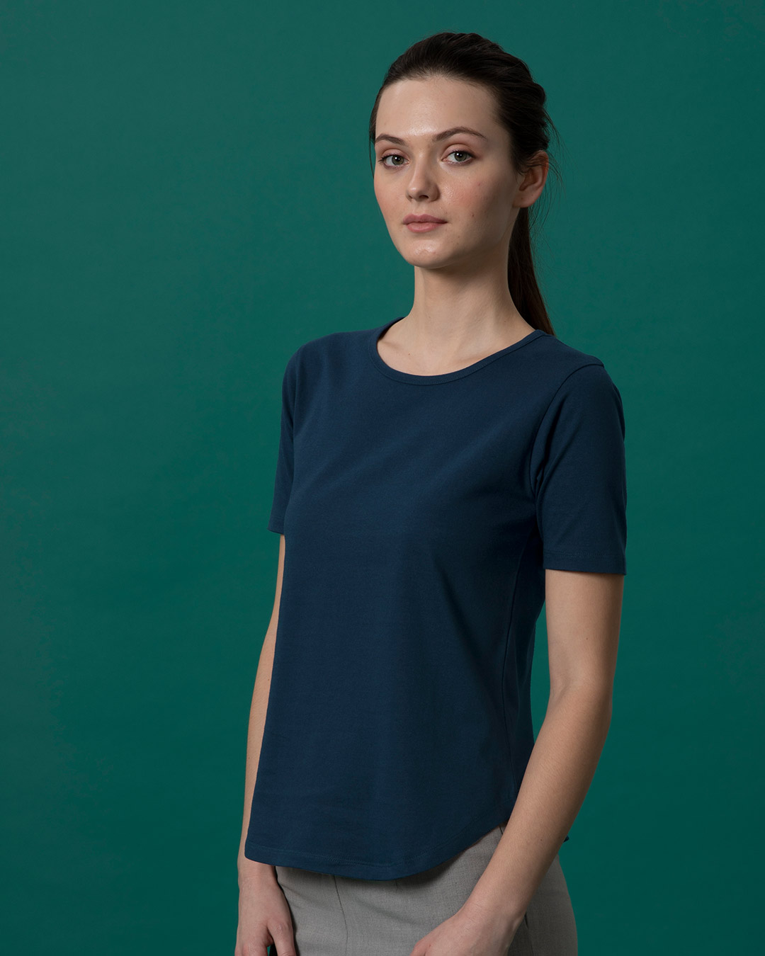 Shop Navy Blue Basic Round Hem T-Shirt-Back