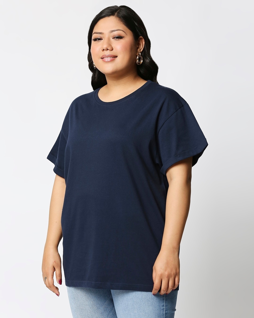 Shop Women's Navy Blue Plus Size Boyfriend T-shirt-Back
