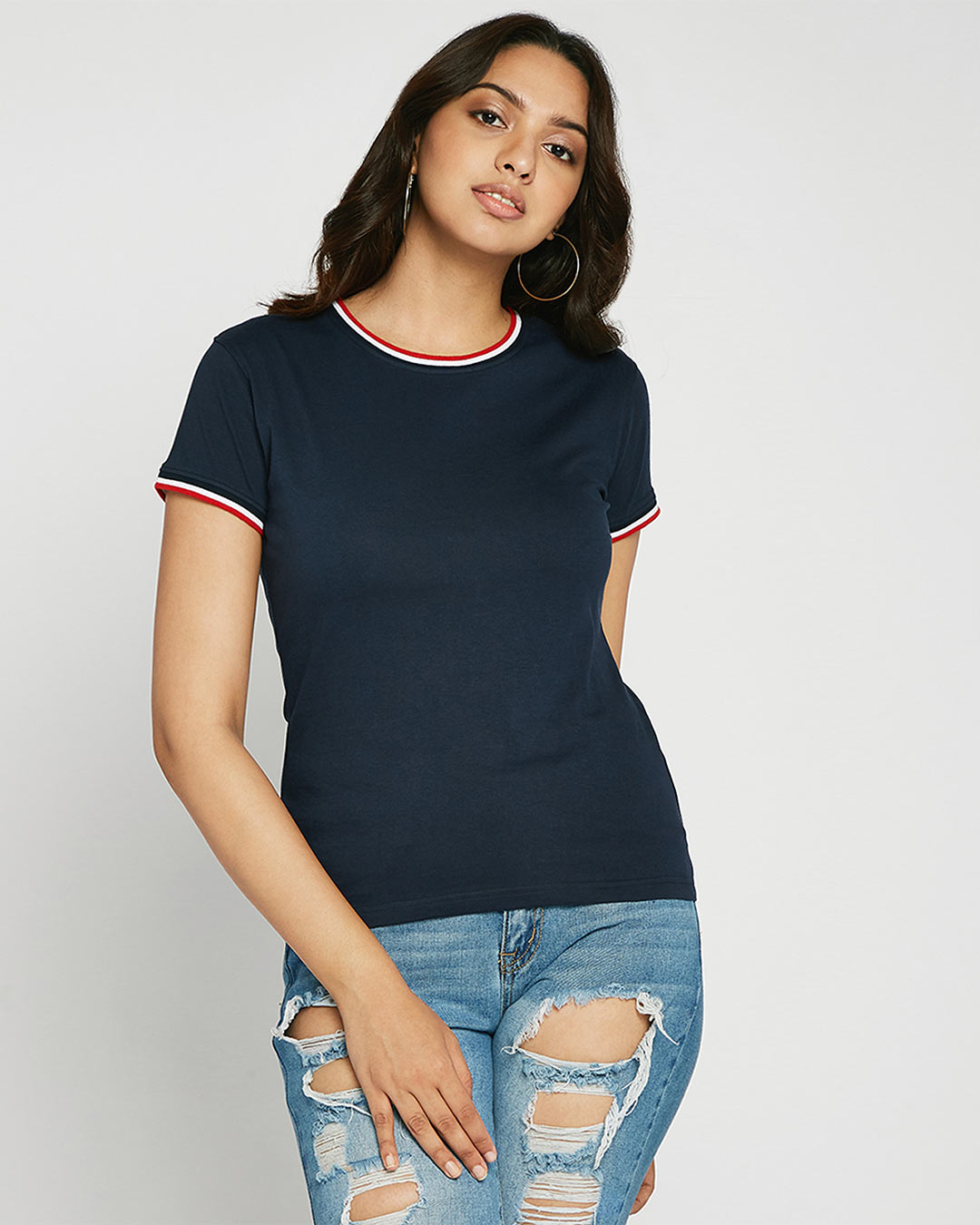 

Dark Navy Crewneck Varsity Rib Half Sleeves T-shirt Women' Plain Crewneck Varsity Rib H/ T-shirt Bewakoof.com, Blue-blue-white-red