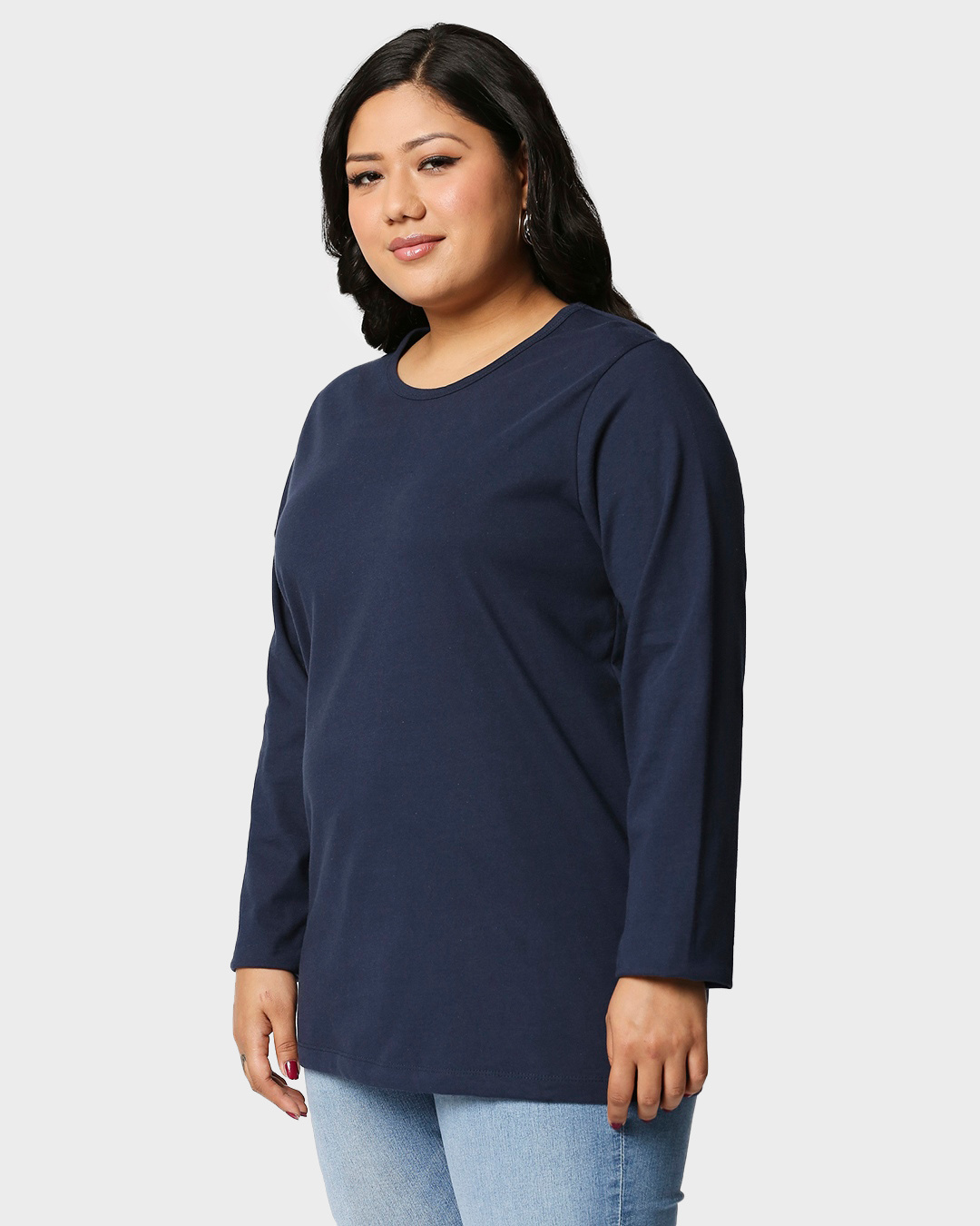 Shop Navy Blue Full Sleeve Plus Size Slim Fit T-Shirt-Back