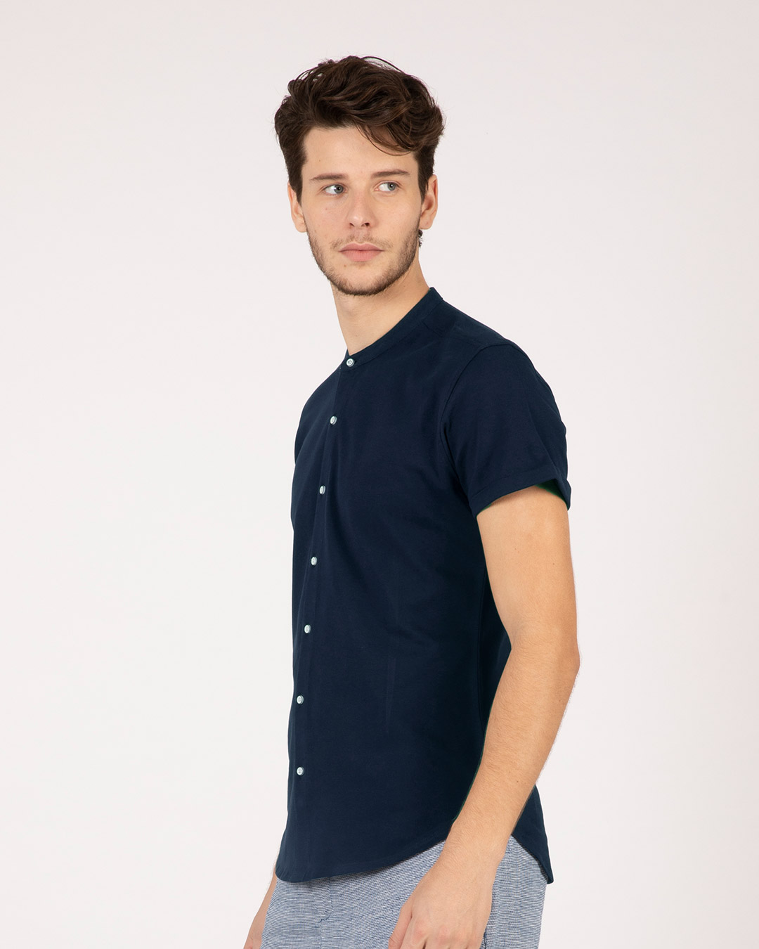 Shop Navy Blue Mandarin Collar Pique Shirt-Back