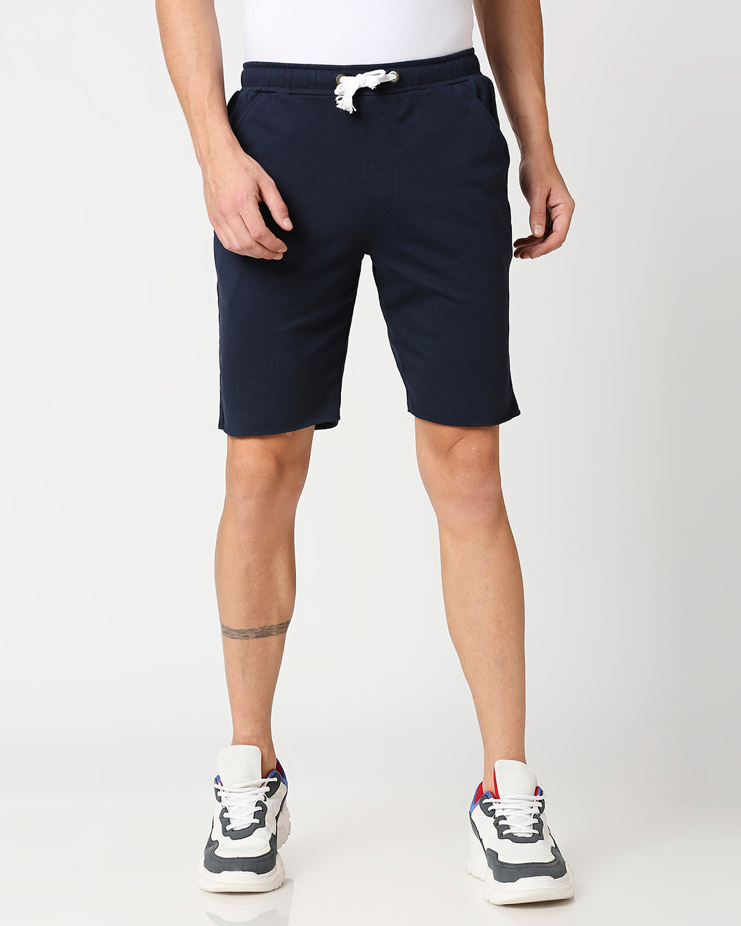 Shop Navy Blue Raw Hem Shorts-Back