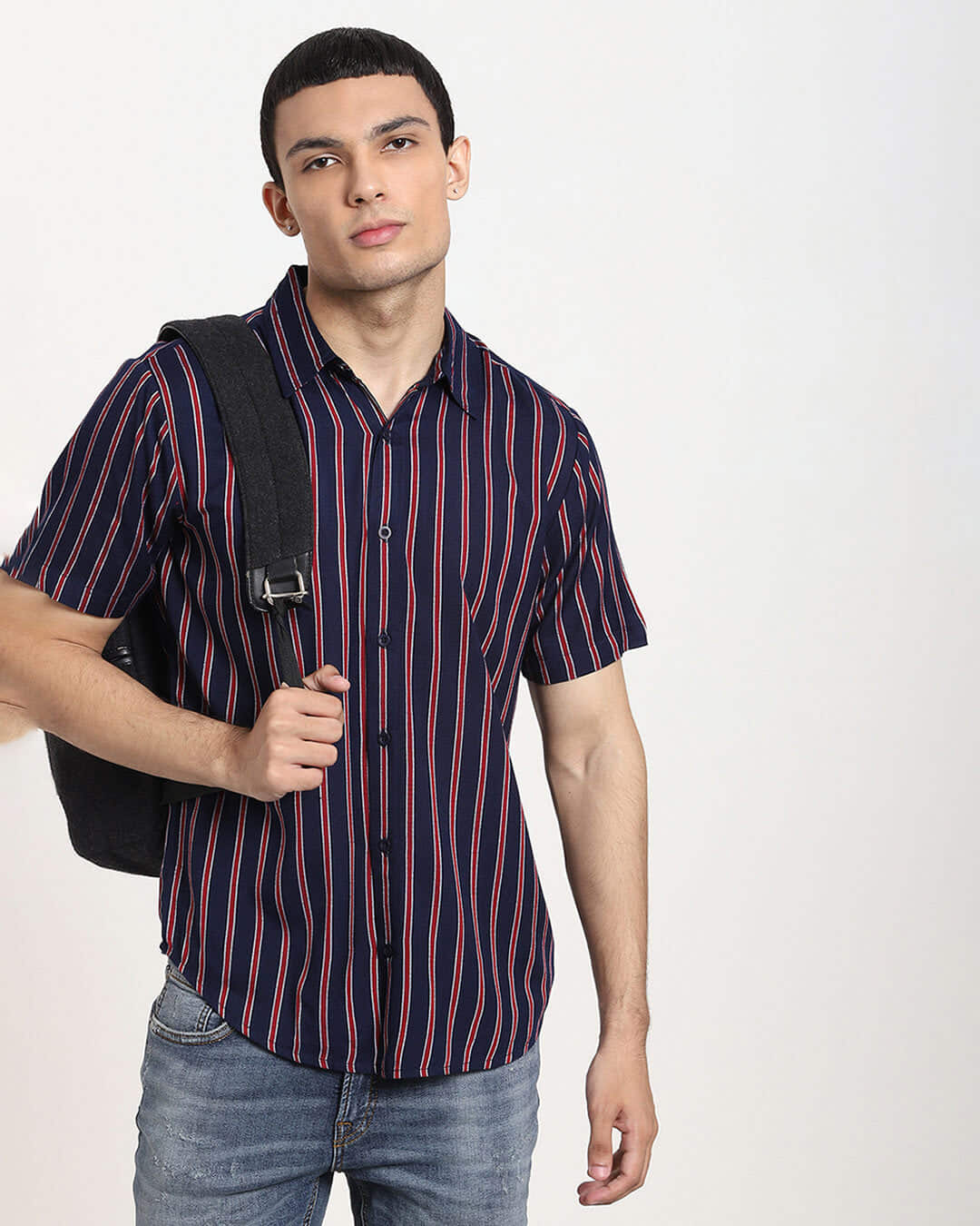 Shop Navy Blue Stripe Half Sleeve Shirt-Back