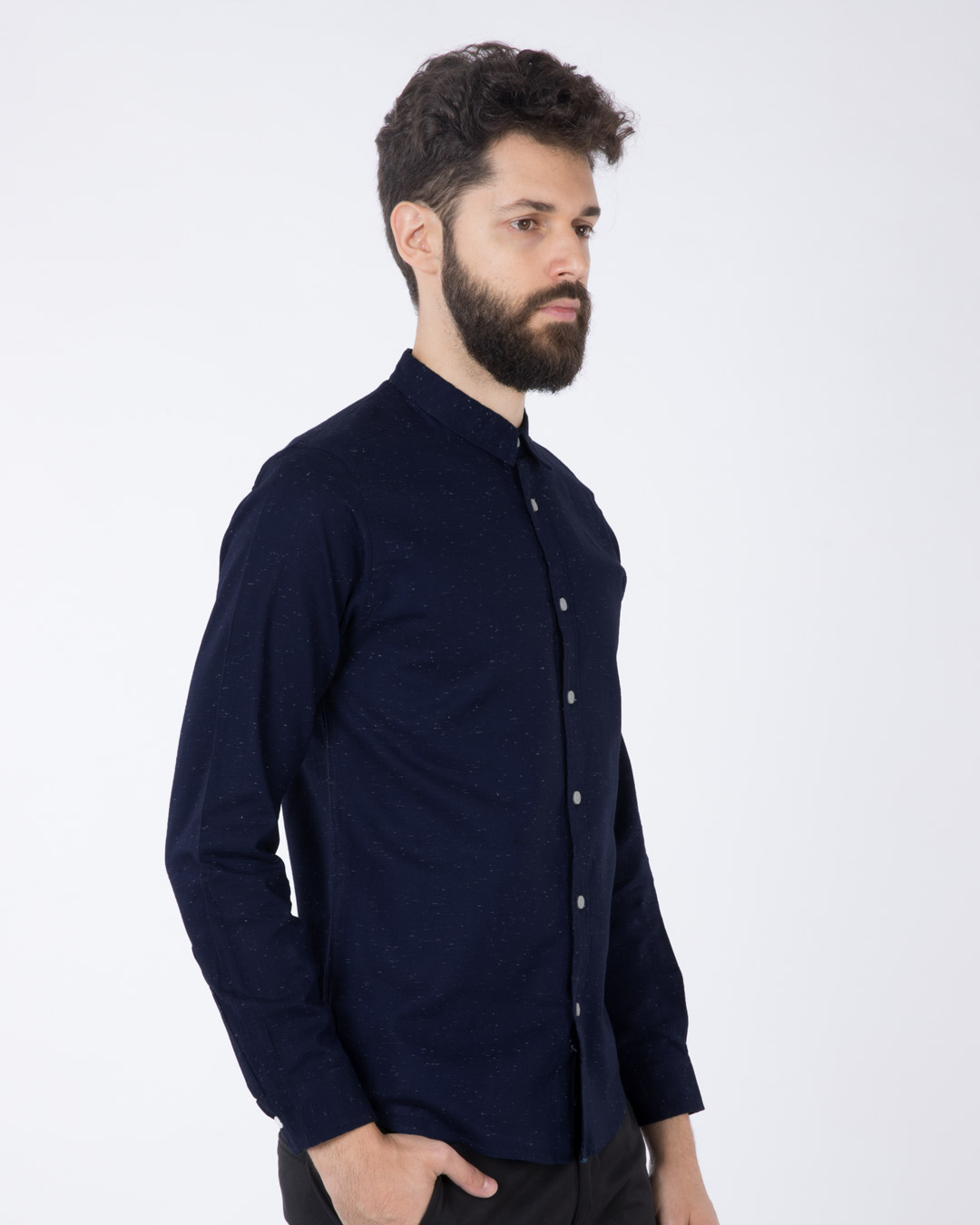 Shop Navy Blue Neps Slim Fit Full Sleeve Shirt-Back