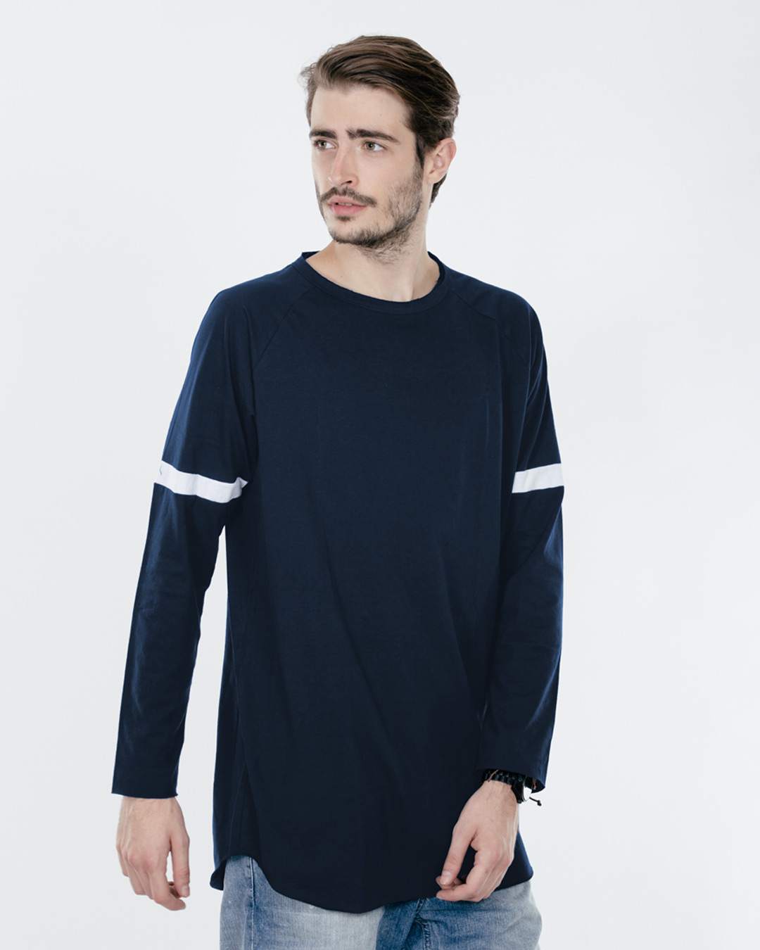 Buy Navy Blue-White Longline Fullsleeve T-shirt Men's