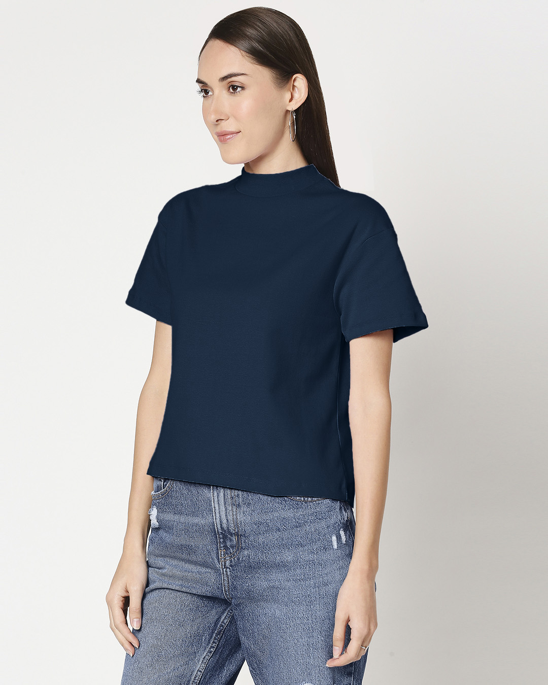 Shop Navy Blue Women Turtle Neck Rib T-Shirt-Back
