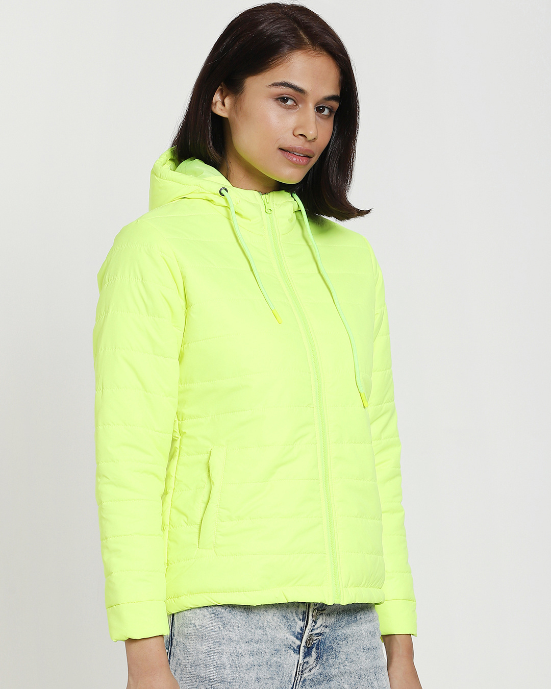 Shop Women's Neon Green Relaxed Fit Puffer Jacket-Back