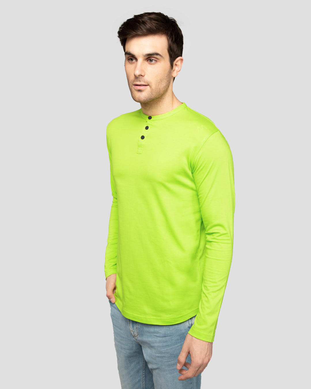 Shop Neon Green Full Sleeve Henley T-Shirt-Back