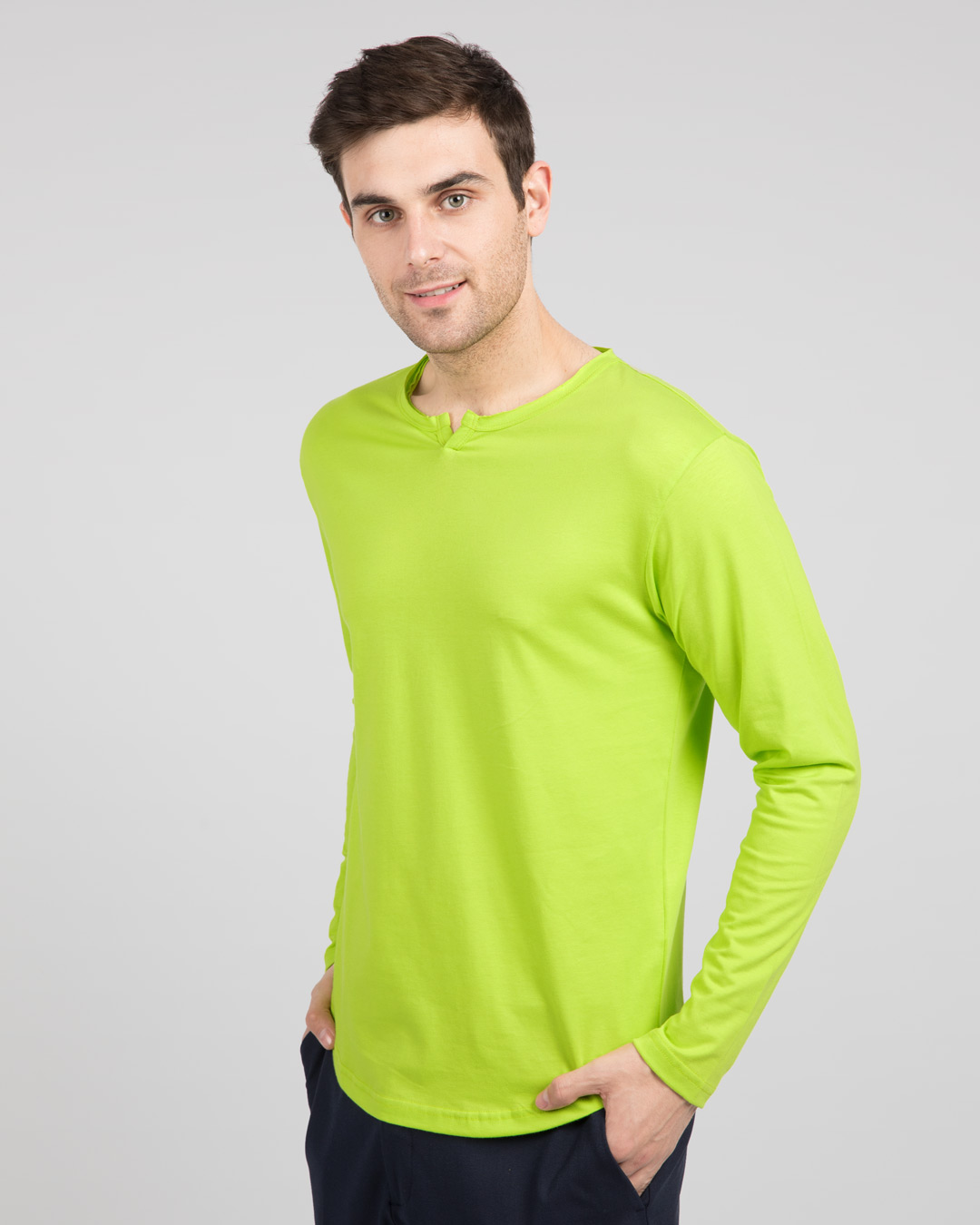 Shop Neon Green Slit Neck Full Sleeve Henley T-Shirt-Back