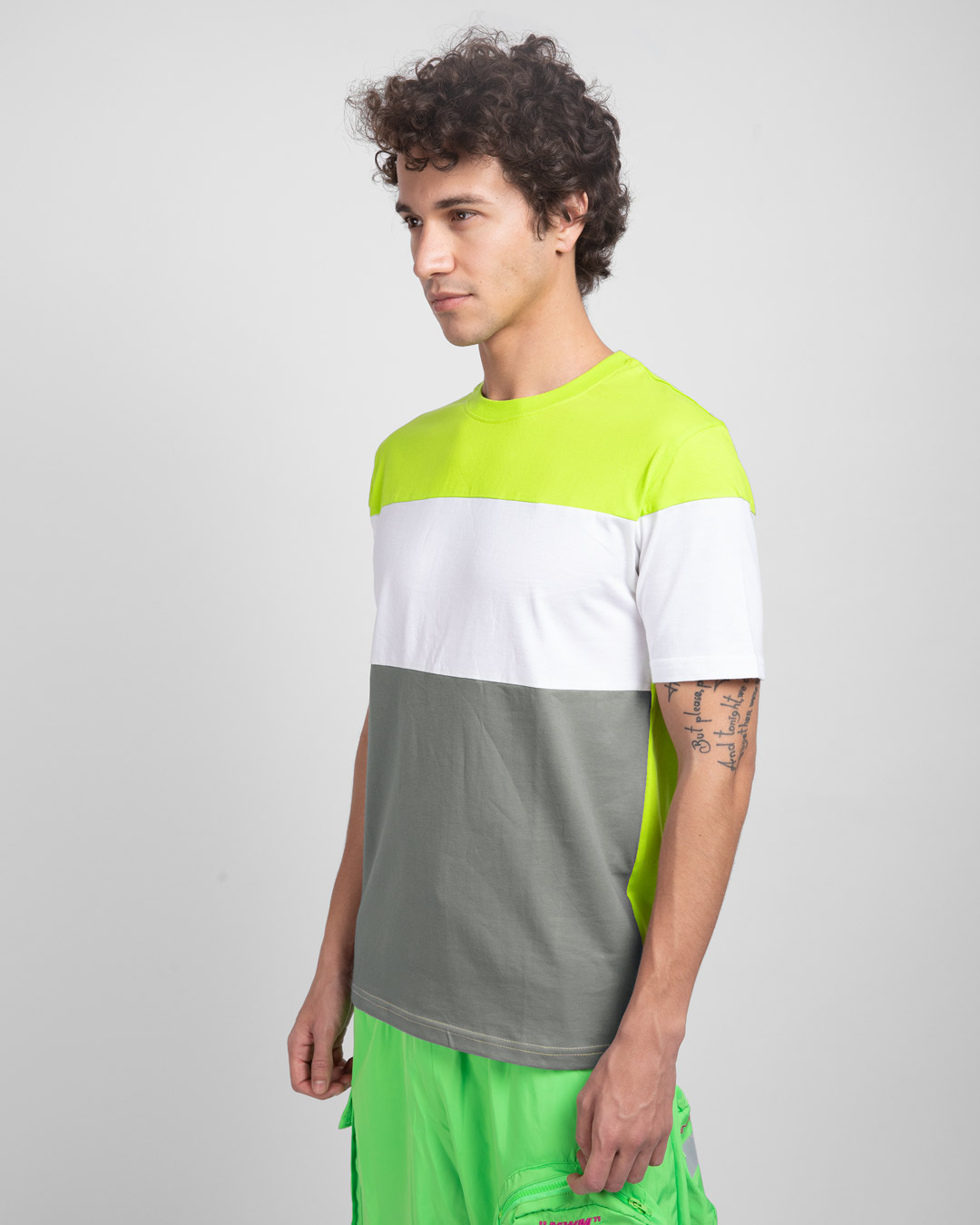 Shop Neon Green-White-Meteor Grey 90's Vibe Panel T-Shirt-Back