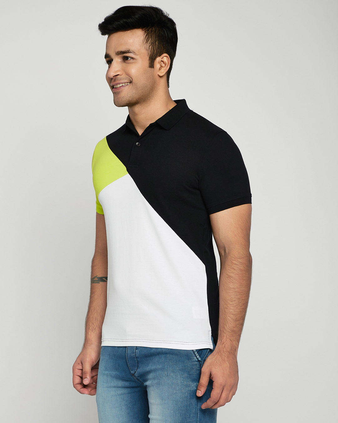 Shop Neon-Lime-Black-White Asymmetric Polo T-Shirt-Back
