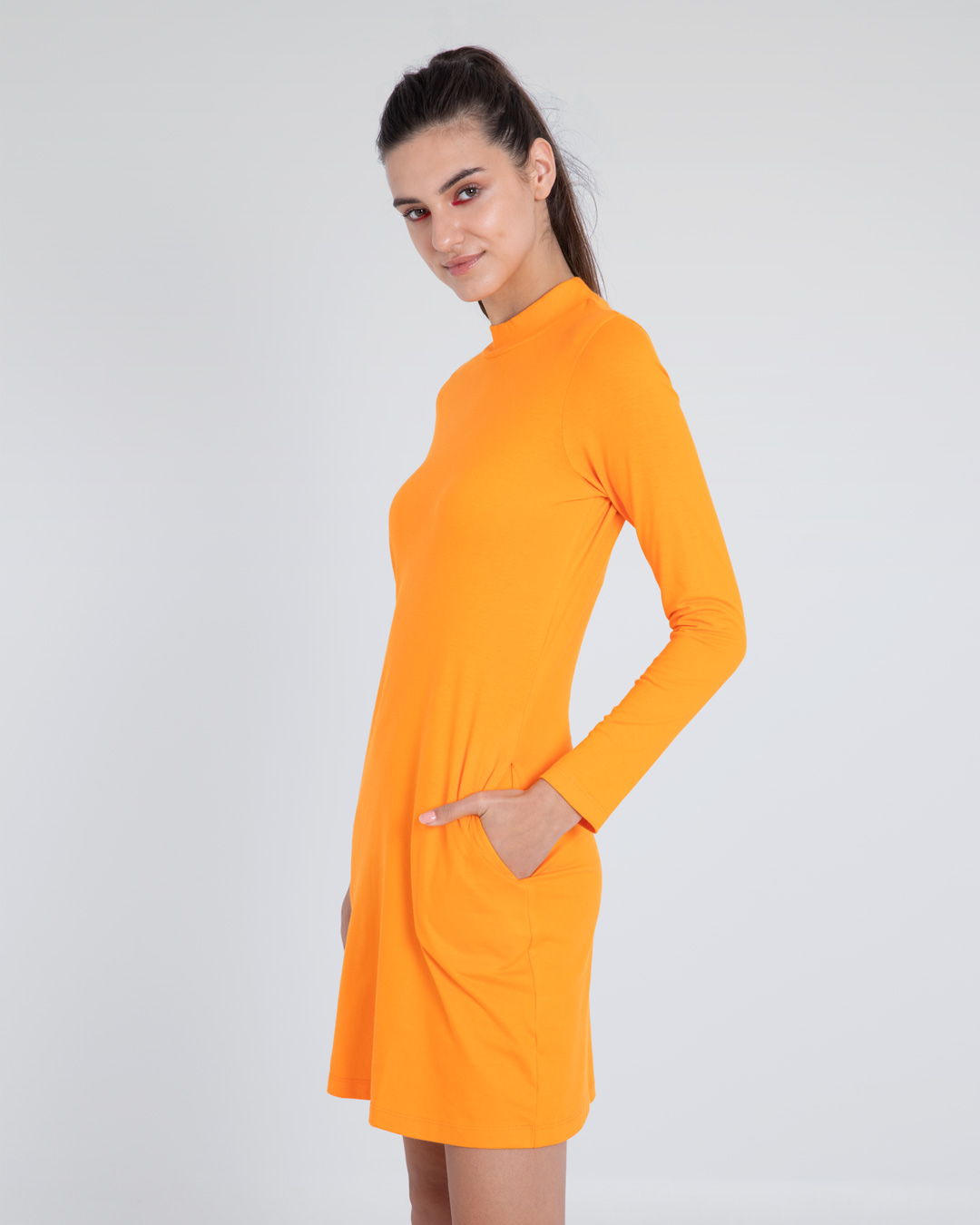 Shop Neon Orange High Neck Pocket Dress-Back