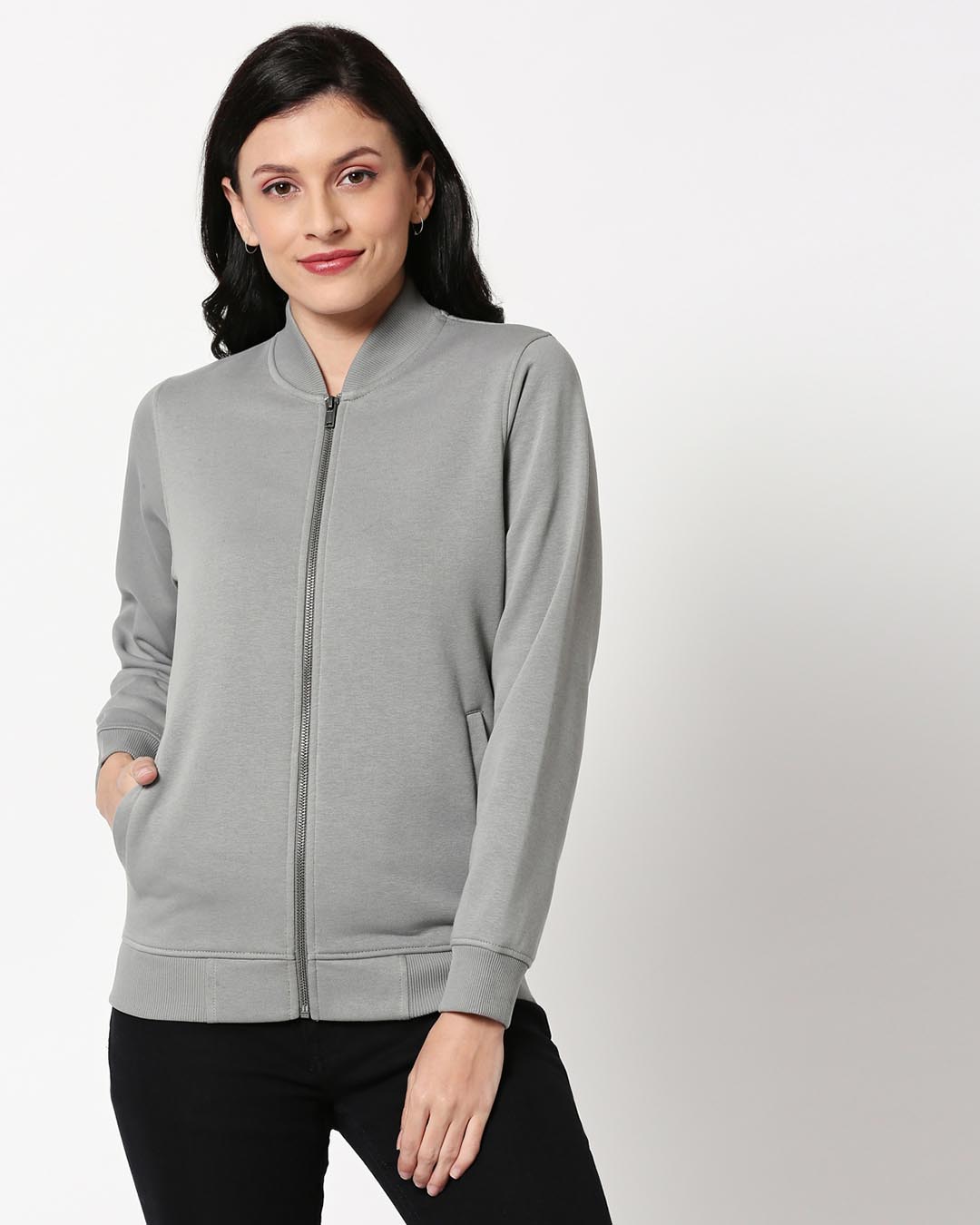 Shop Women's Grey Zipper Bomber Jacket-Back